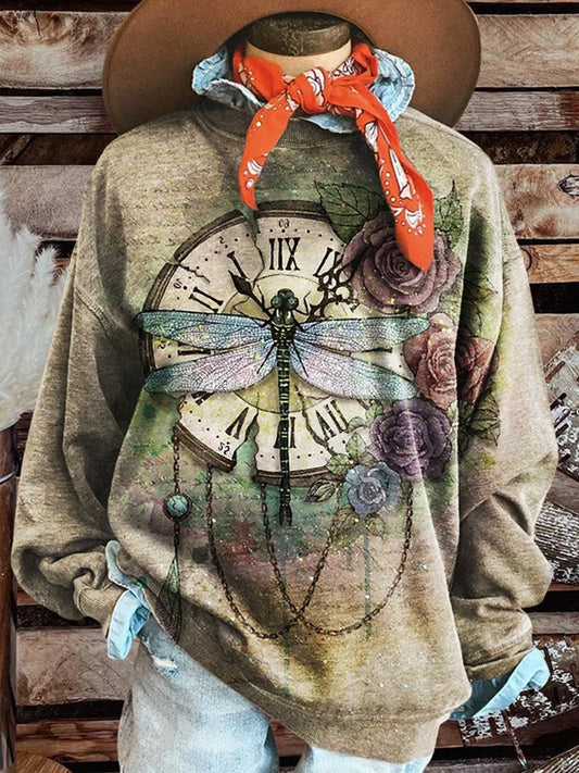 Vintage Dragonfly Print Casual Sweatshirt