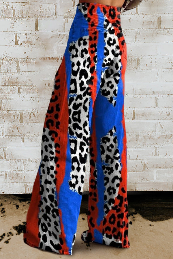 Red And Blue Markings Print Casual Wide Leg Pants