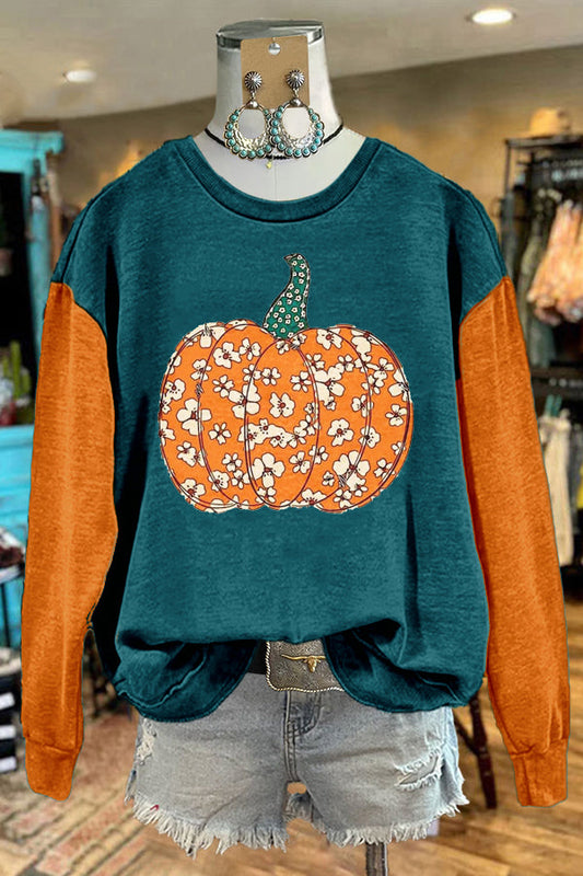 Orange Green Halloween Pumpkin Print Sweatshirt