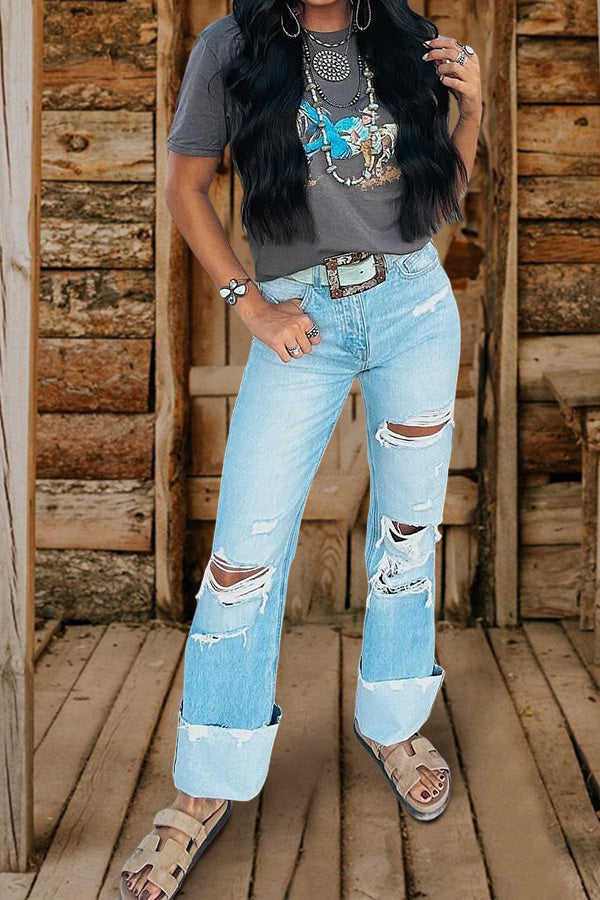 Ripped Washed Wide-Leg Jeans