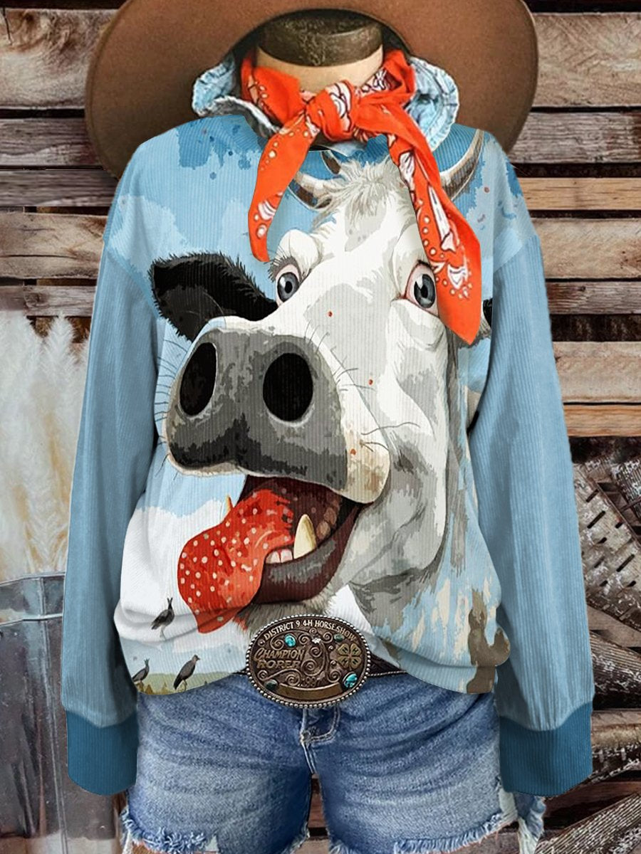 Women's Stylish Wild West Bull Head Art Print Corduroy Sweatshirt