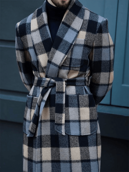 Men's Retro Plaid Design Patch Pocket Casual Woolen Coat (Including Belt)