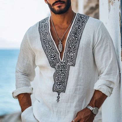 Men's Retro Greek Key Graphics Linen V-neck Shirt