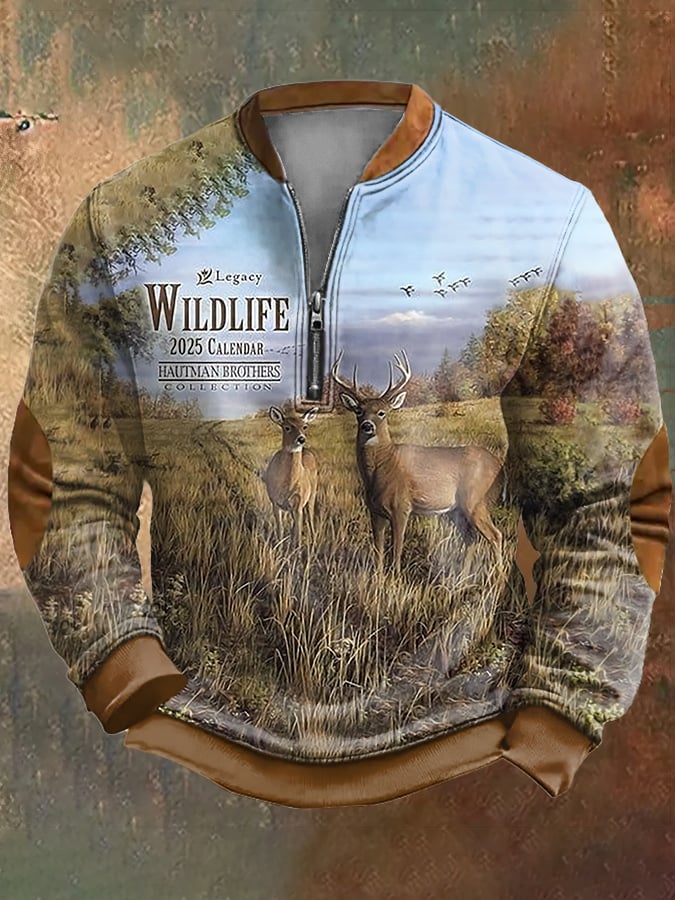 Men's Vintage Outdoor Deer Hunting Print Zip-Neck Sweatshirt