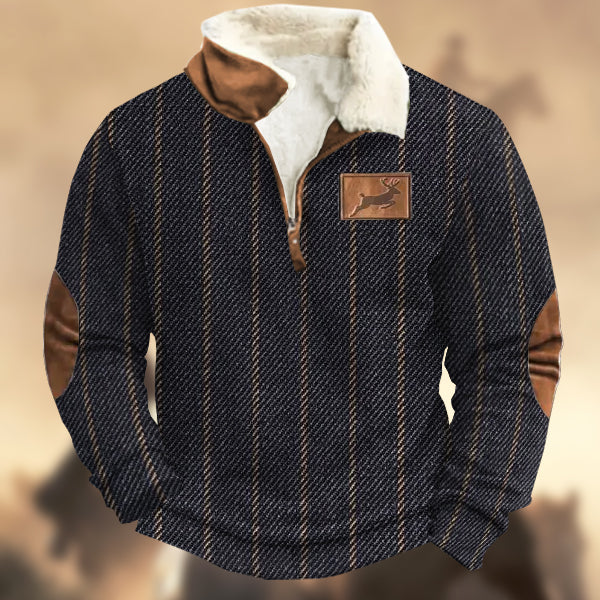 Men's Vintage Country Elk Logo Twill Zip-Up Fur Collar Sweatshirt