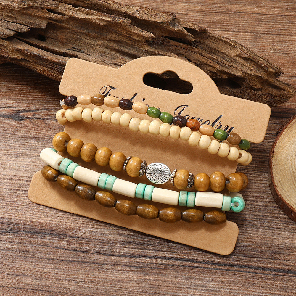 Unisex Colorful Wooden Beads Small Flower Elastic Wire Five-piece Bracelet