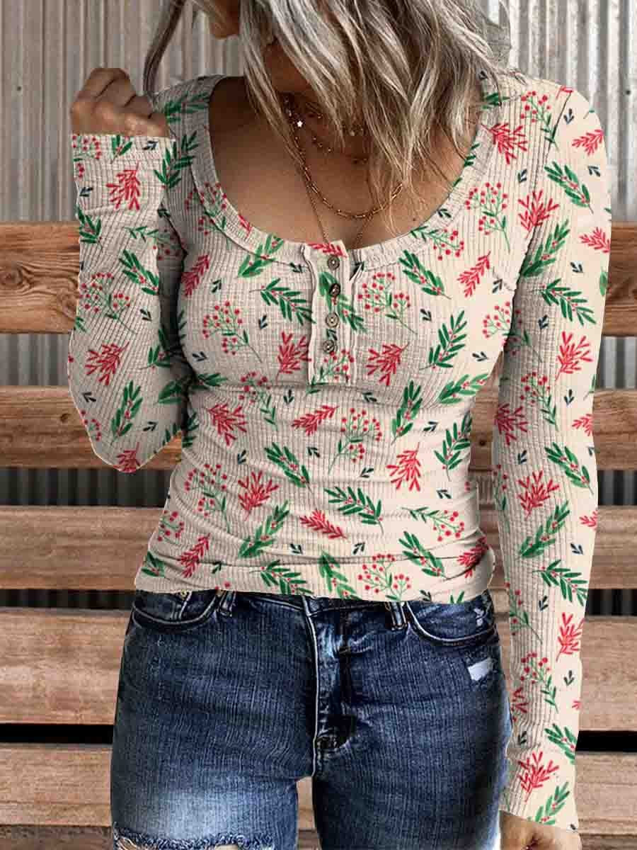 Women's Christmas Print Comfortable Cotton Henley Shirt