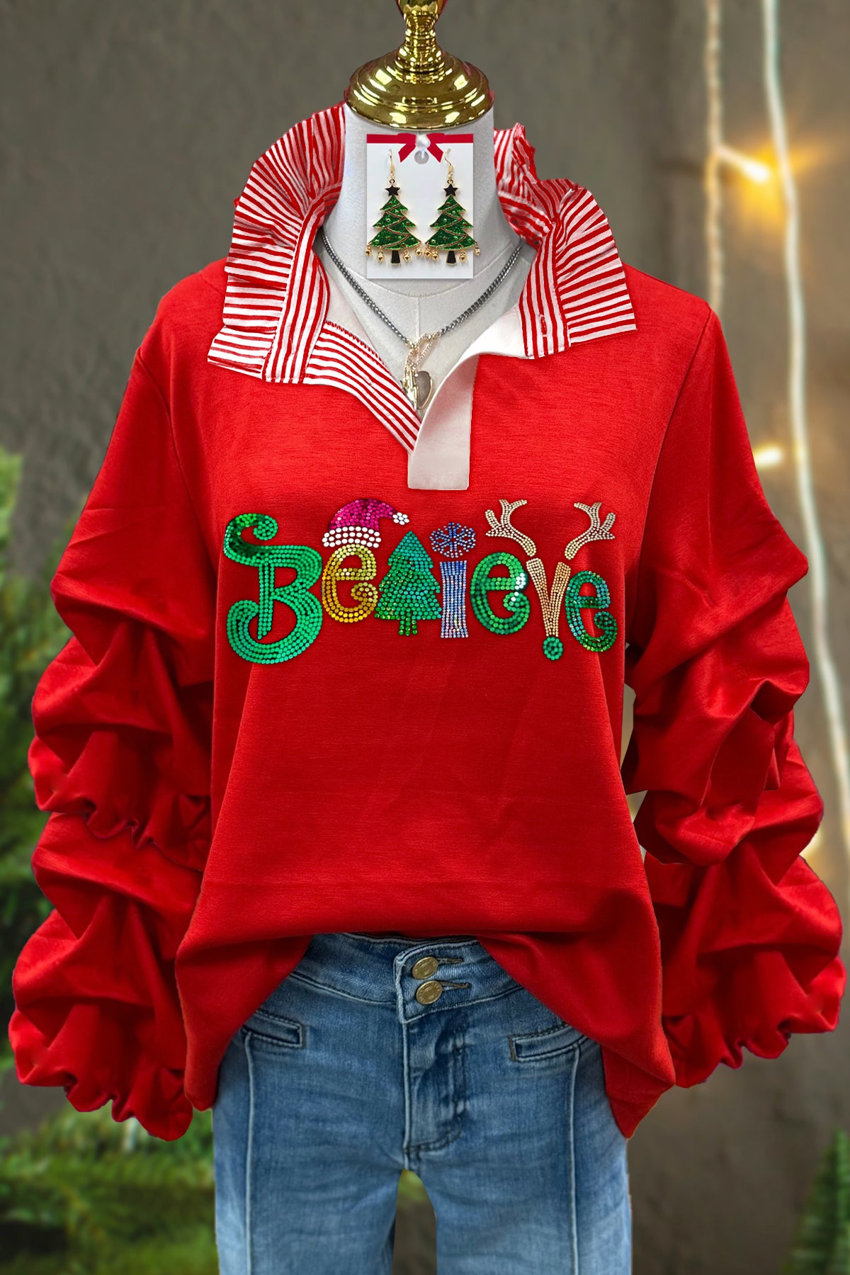 Sweet Christmas Believe Sequin Pleated Blouse