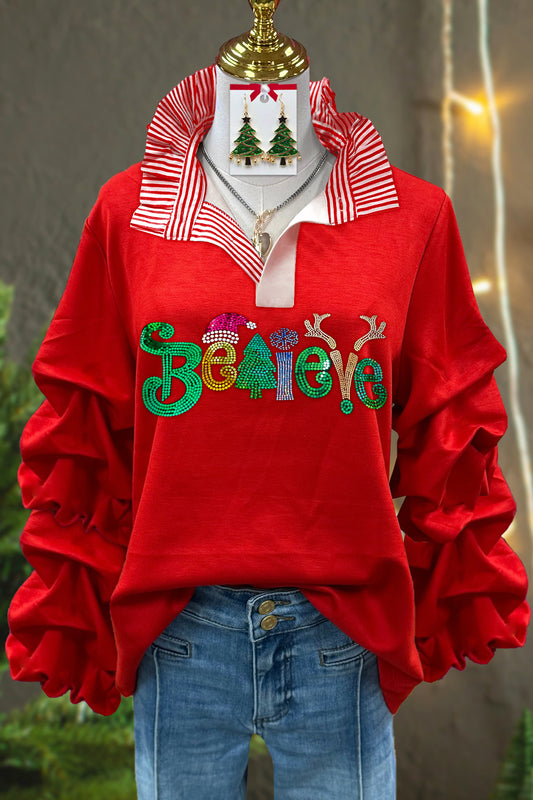 Sweet Christmas Believe Sequin Pleated Blouse