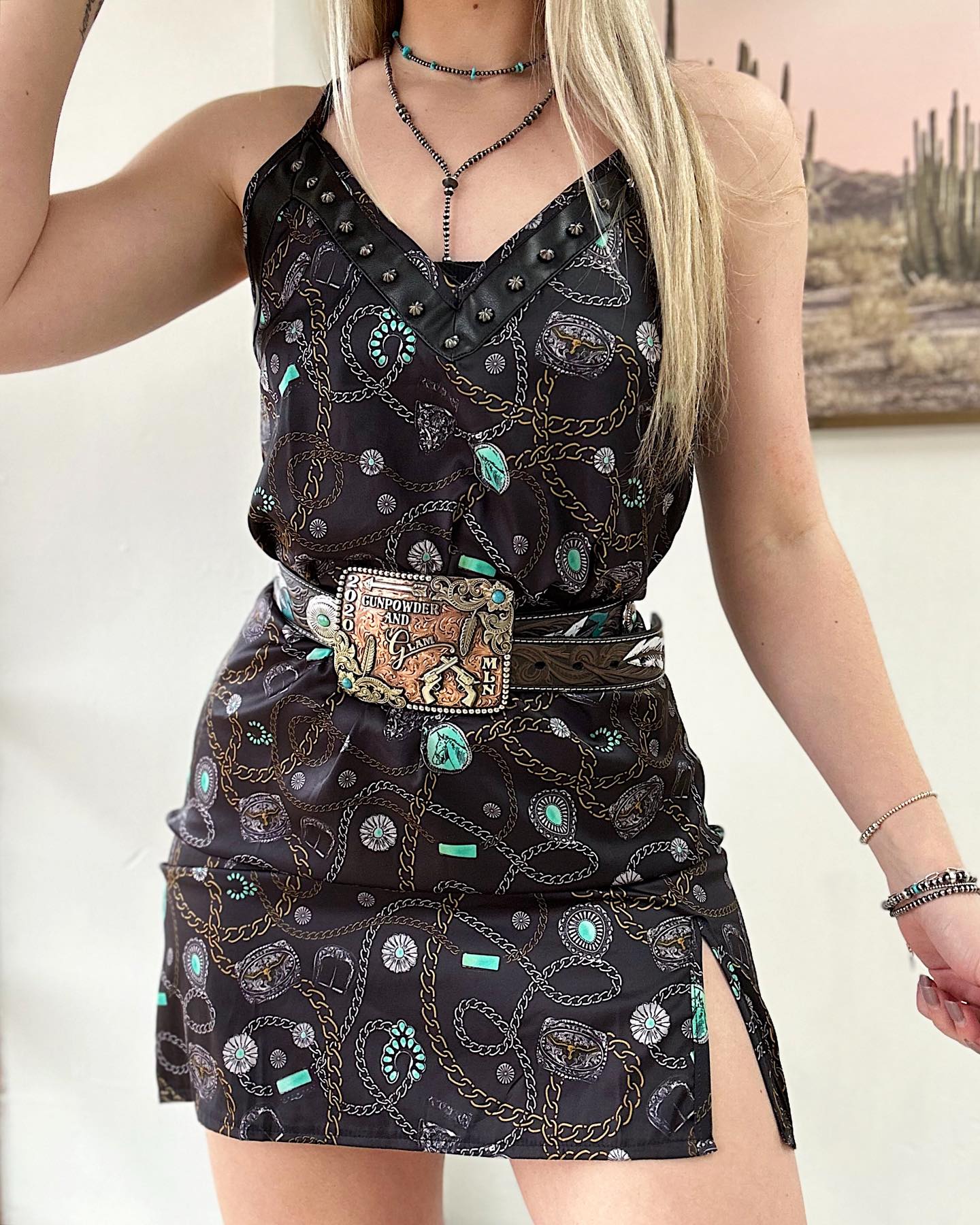 V-Necklace Turquoise Print Mini Dress