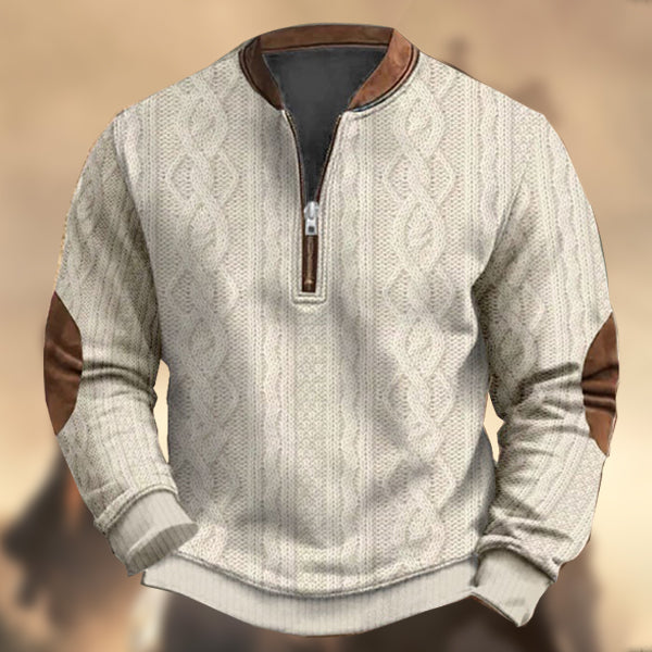 Men's Vintage Western Knitted Print Zipper Stand Collar Casual Sweatshirt