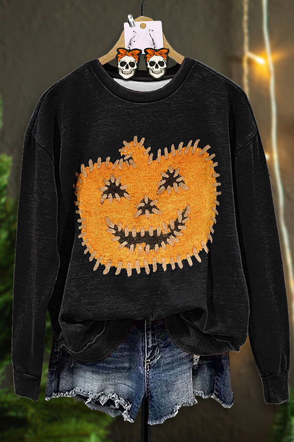 Vintage Knit Pumpkin Print Sweatshirt