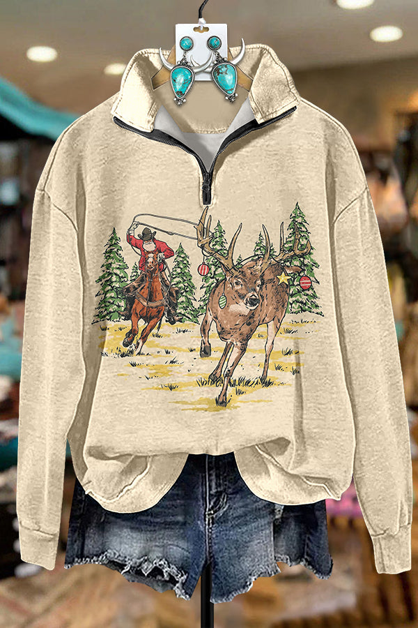 Western Cowboy Elk Zipper Sweatshirt