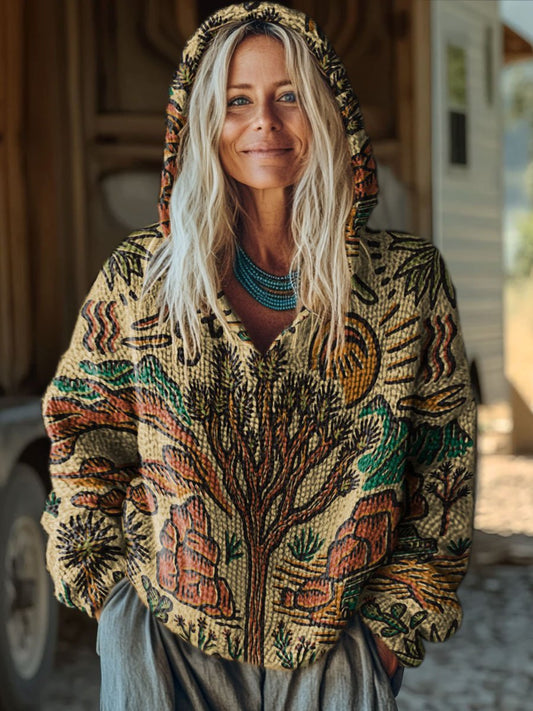 Fashion Wild West Retro Wilderness Sunset Big Tree Art Print Knit Pullover Hooded Sweater