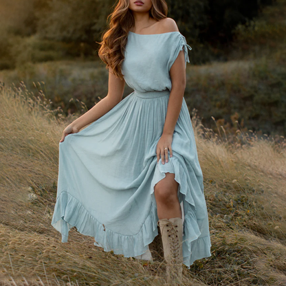 Ladies Vintage Western Style Cotton And Linen Sky Blue Rustic Boho Dress