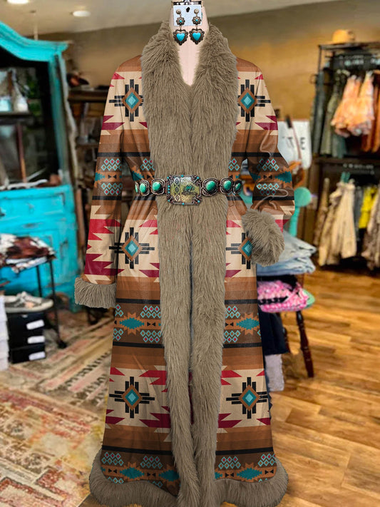 Women's Vintage Aztec Art Printed Fur Patchwork Suede Long Afghan Coat