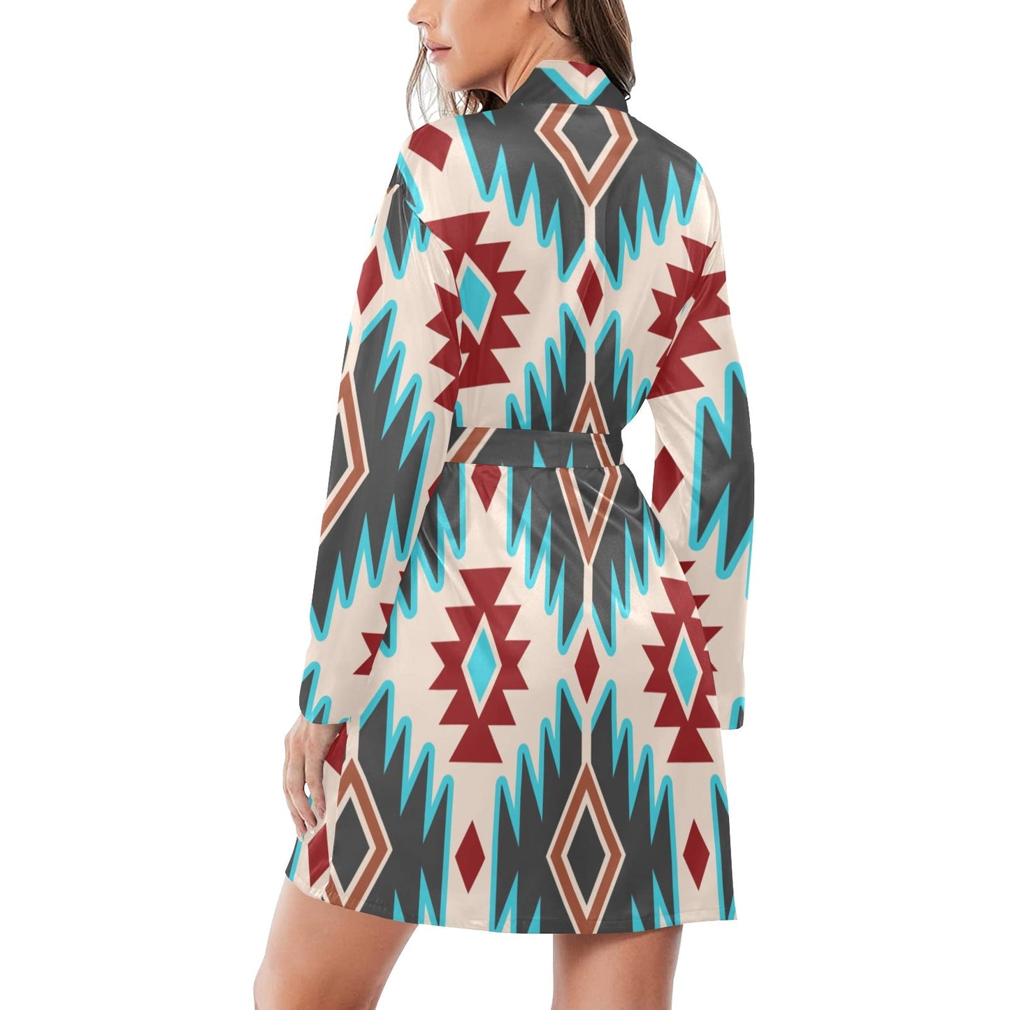 Turquoise Burgandy Aztec Women's Belted Satin Feel Dressing Lounge Robe