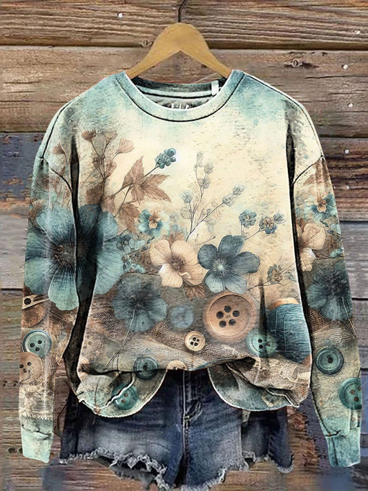 Vintage Azure Floral Needlework Art Print Casual Sweatshirt