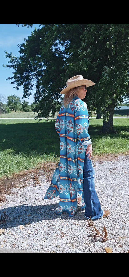 Teal Aztec Long Shirt Dress Duster