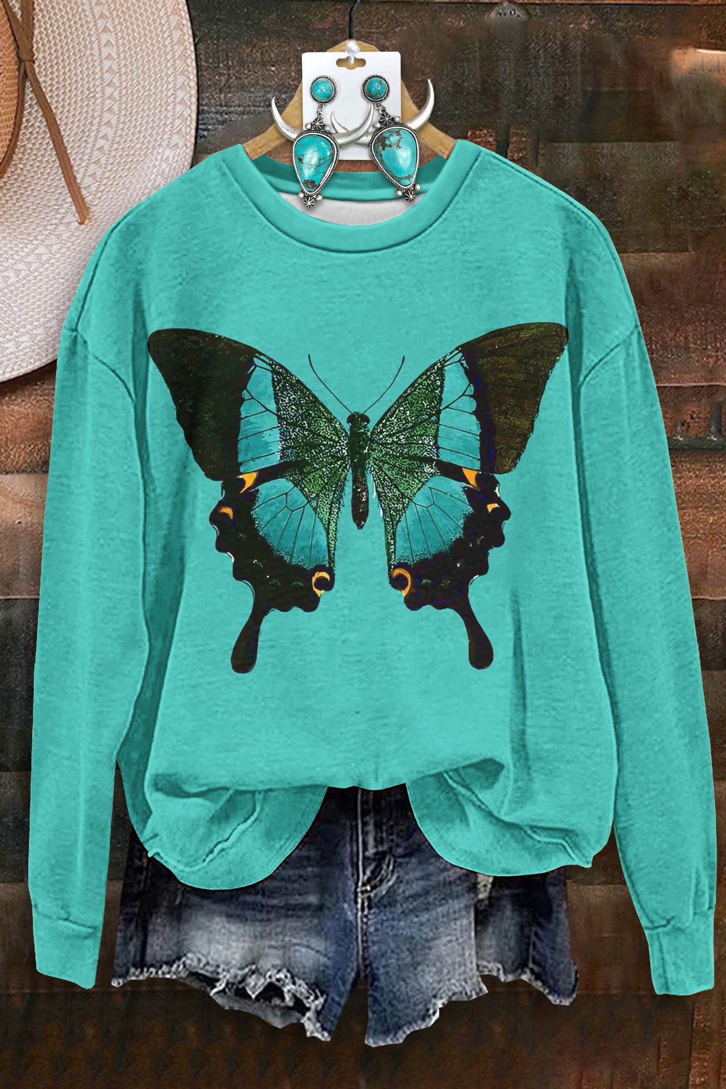 Vintage Western Butterfly Print Long Sleeve Sweatshirt