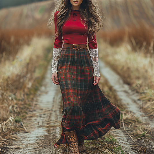 Women's Retro High Neck Long Sleeve Long Skirt Plaid Pastoral Style Dress