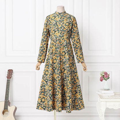 Long Sleeve Round Neck Pocket Print Temperament Long Dress