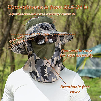 UPF 50+ Sun Fishing Hat for Men Women Wide Brim Hat with Detachable Face Cover & Neck Flap Khaki