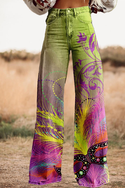 Vintage Mardi Gras Print Wide Leg Trousers