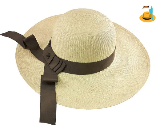 Classy Long Brim | Genuine Panama Hat | Natural Toquilla Straw | Brown Band | Handwoven in Ecuador - EA - HatBox Included