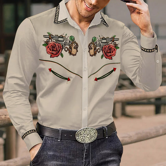 Men's Western Cowboy Western Western Rose Pistol  Pattern Print Long Sleeve Shirt