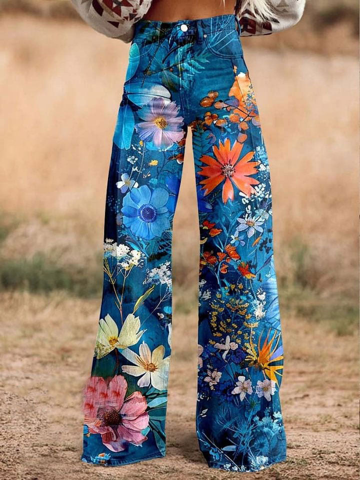 Women's Flower Print Casual Wide Leg Pants