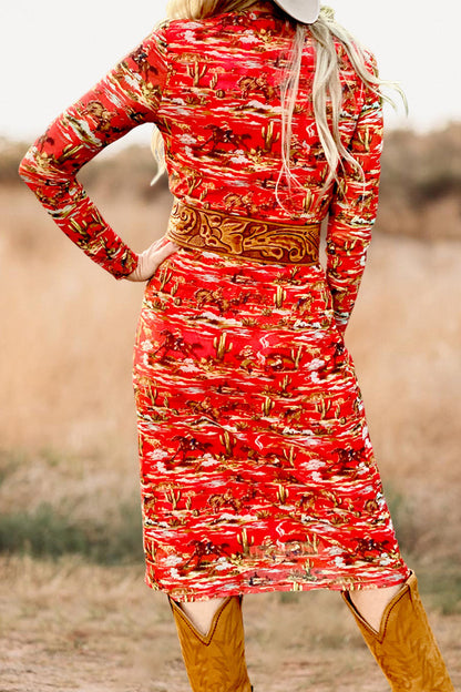 Retro Western Life Scene Print Dress