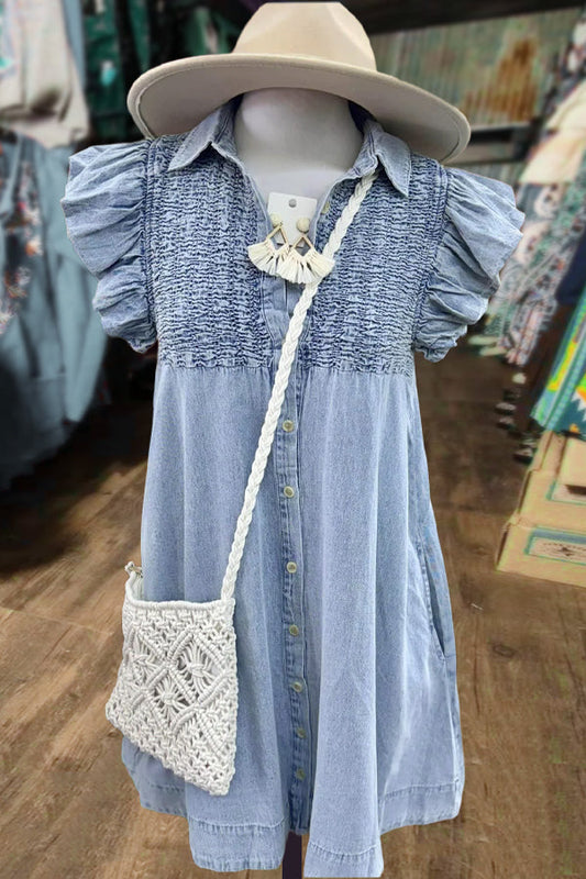 Washed Smocked Bodice Ruffle Sleeve Denim Dress