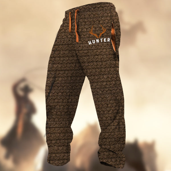 Men's Vintage Hunter Elk Logo Knited Texture Print Casual Sweatpants