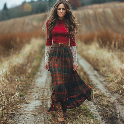 Women's Retro High Neck Long Sleeve Long Skirt Plaid Pastoral Style Dress