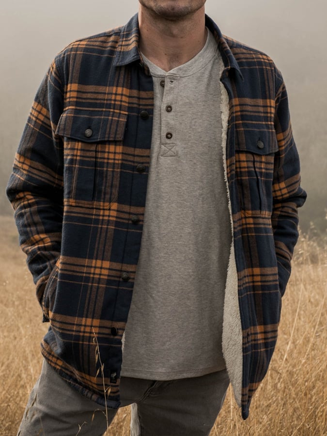 Men's retro western plaid fleece warm jacket