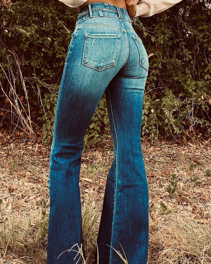 Vintage Washed Ripped Flared Jeans