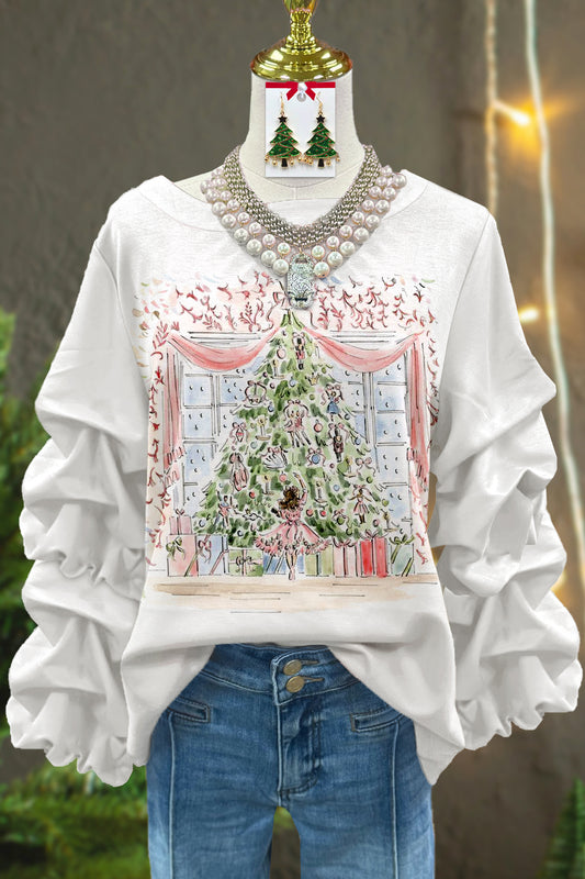 Sweet Christmas Tree Print Pleated Sweatshirt