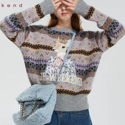 Loose Geometric Deer Bow Knit Sweater Top