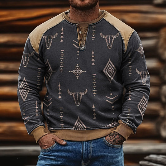 Men's Outdoor Vintage Color Blocks Aztec Cow Print Casual Henley Sweatshirt