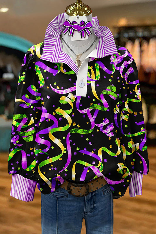 Cute Mardi Gras Print Puff Sleeve Blouse