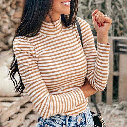 Striped Mock Neck Long Sleeve Knit Top