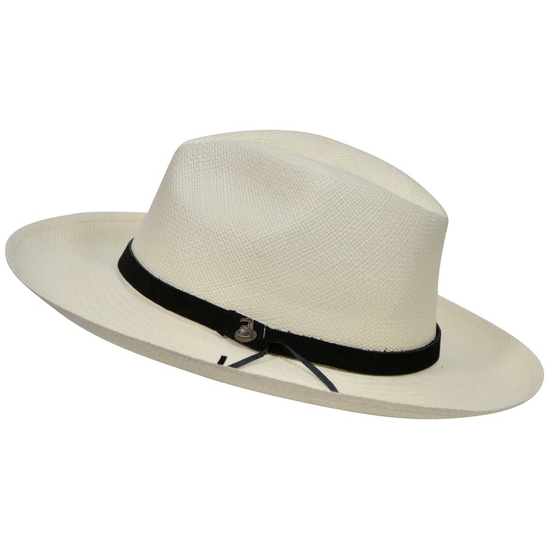 Original Panama Hat - Wide Brim Fedora - Off-White Straw - Black Leather Band - Handmade in Ecuador by Ecua-Andino - EA - HatBox Included-FREE SHIPPING