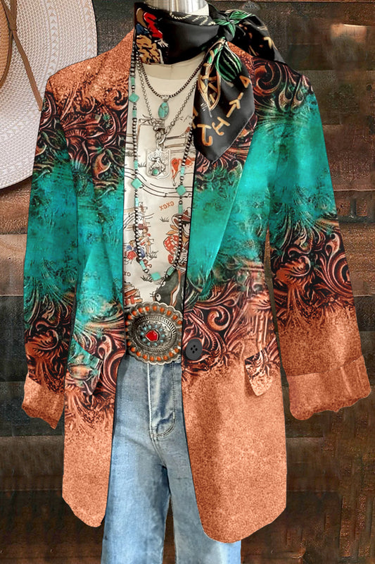 Vintage Western Print Lapel Blazer