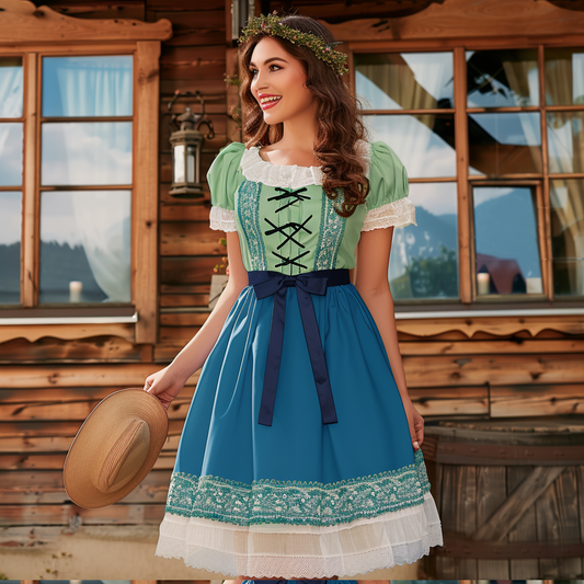 Women's Retro German Dress Oktoberfest Party High Waist Short Sleeve Dress