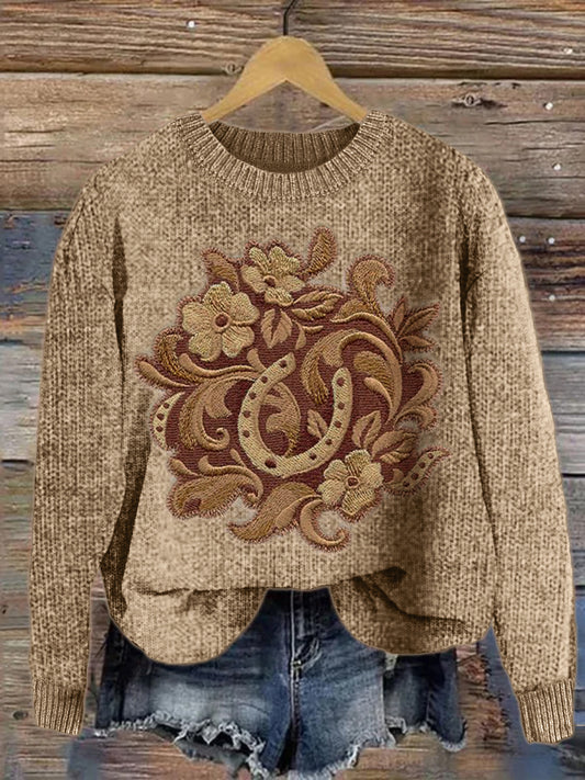 Western Horseshoe Floral Embroidery Cozy Knit Sweater