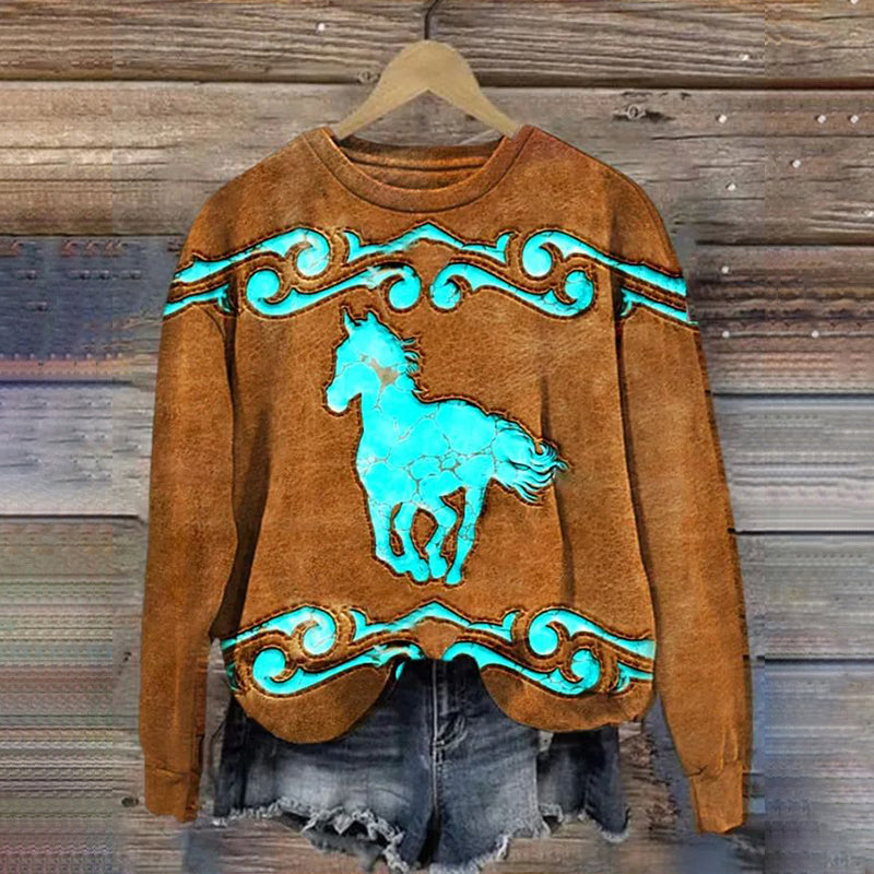 Vintage Horse Print Crew Neck Sweatshirt