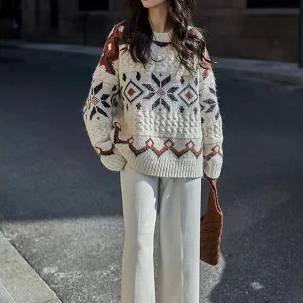 White Thick Tops Women Spring And Autumn Fair Isle Design Japanese Retro Temperament Sweater