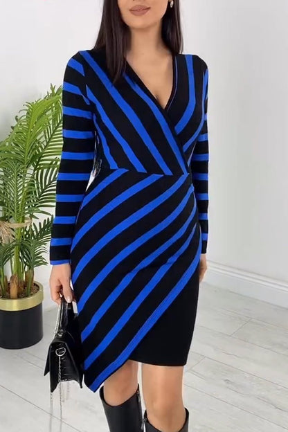 Women's elegant V-neck irregular hem contrast striped slim fit dress