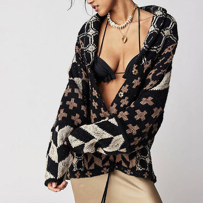 Collared Neck Geometric Pattern Long Sleeve Cardigan